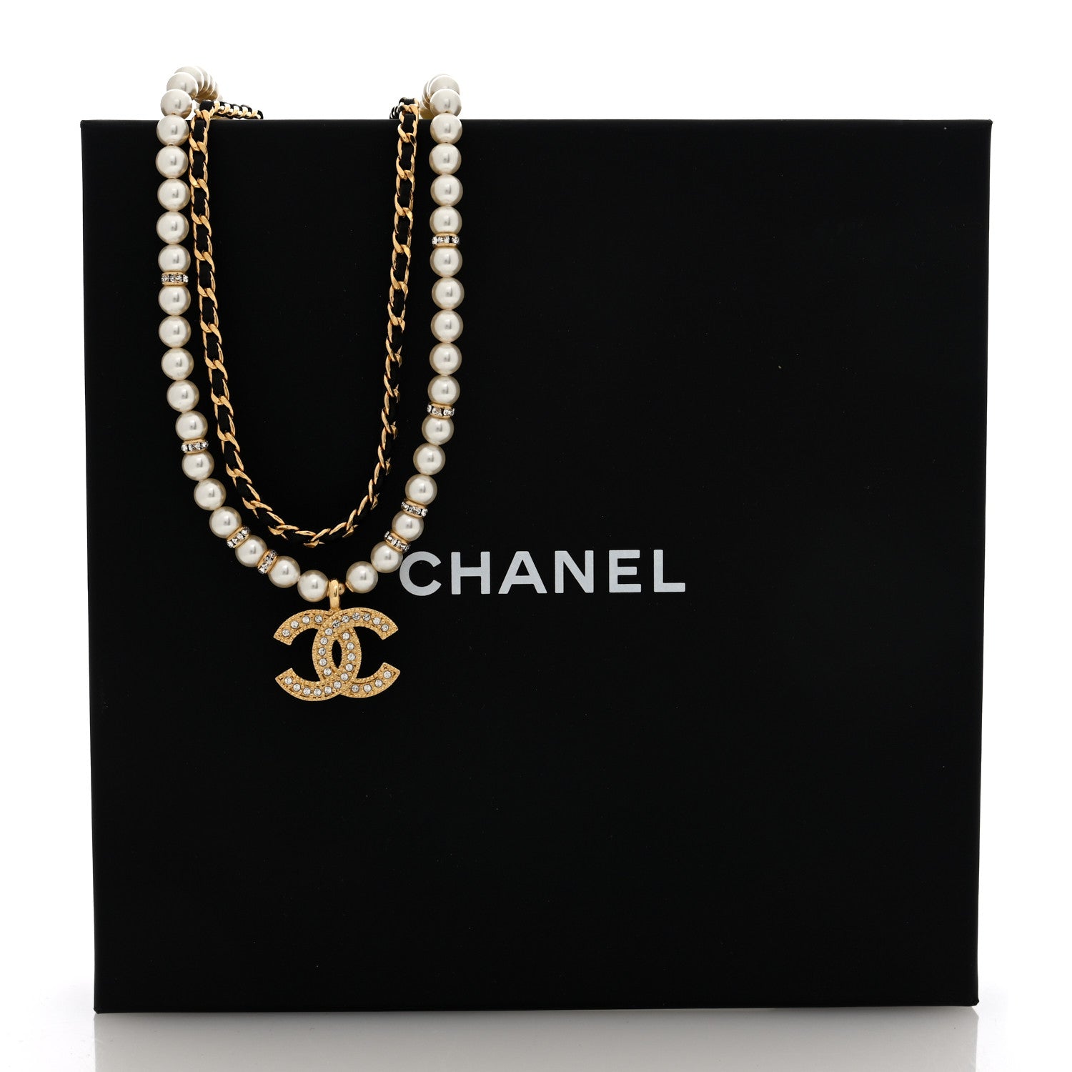 Chanel Lambskin Pearl Crystal CC Short Double Strand Necklace Gold White Black 4 of 4