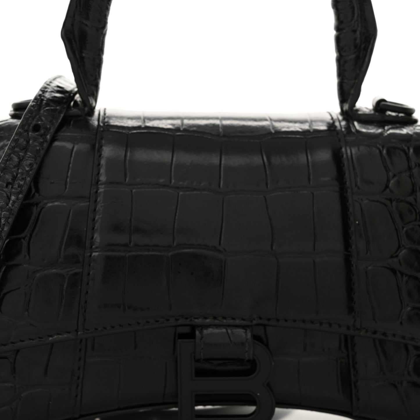 Shiny Calfskin Monochrome Crocodile Embossed Hourglass Top Handle Bag XS Black