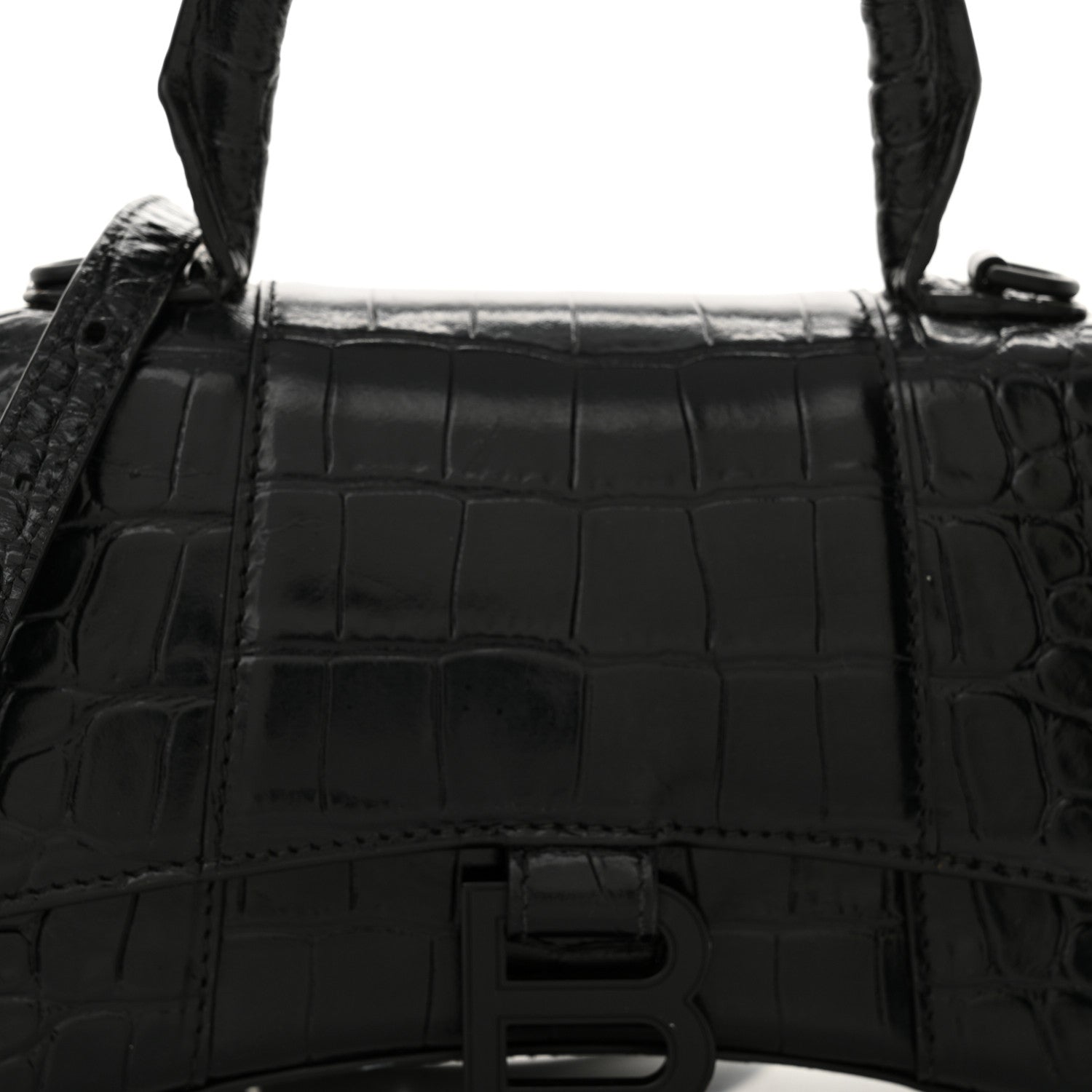 Balenciaga Shiny Calfskin Monochrome Crocodile Embossed Hourglass Top Handle Bag XS Black 9 of 13