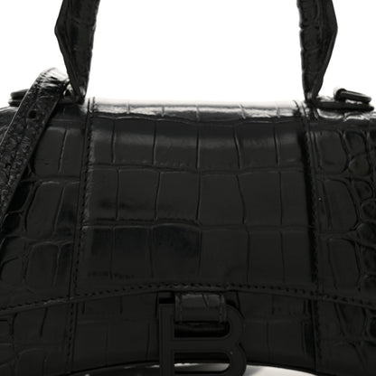 Balenciaga Shiny Calfskin Monochrome Crocodile Embossed Hourglass Top Handle Bag XS Black 9 of 13