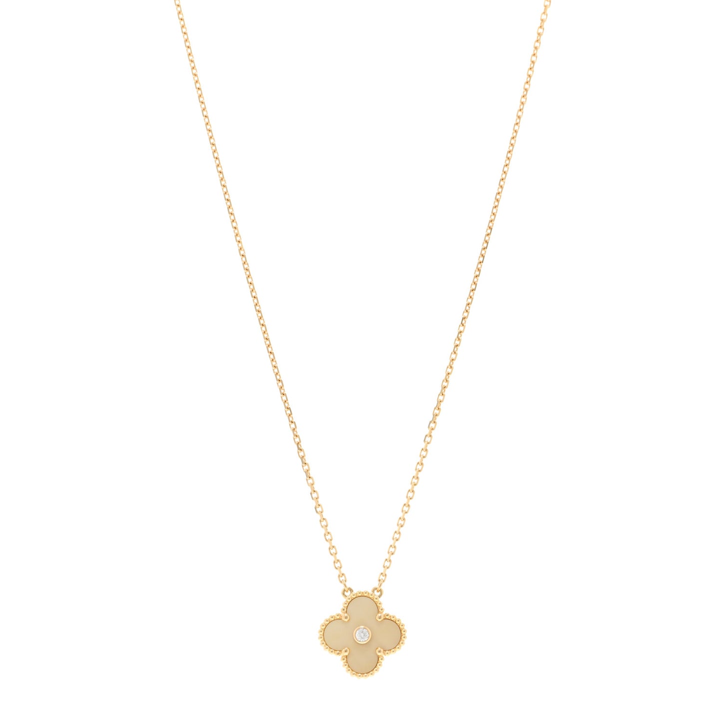 18K Yellow Gold Diamond Yellow Mother of Pearl Vintage Alhambra Pendant Necklace