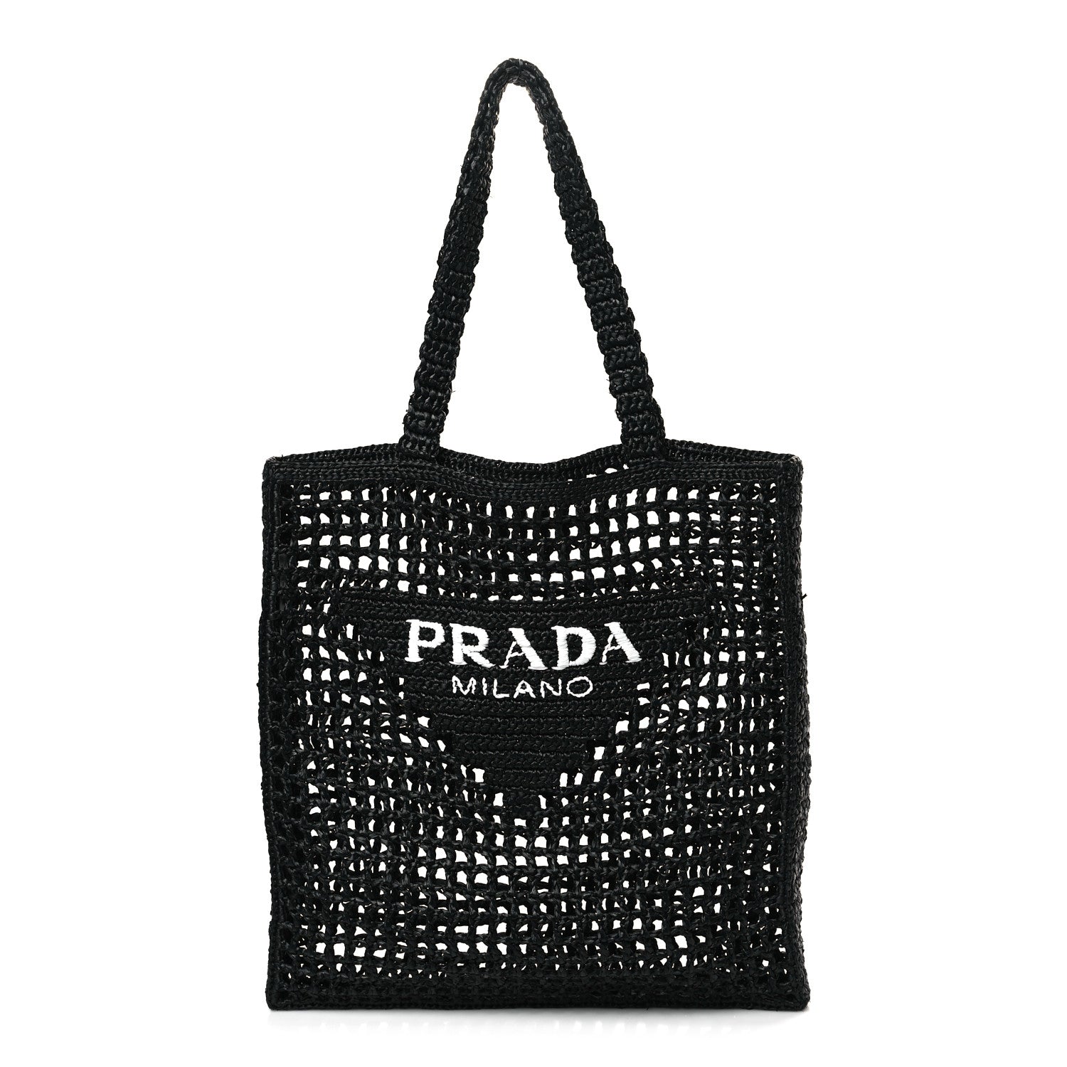 Prada Yarn Raffia Effect Crochet Logo Embroidered Tote Bag Black 1 of 8