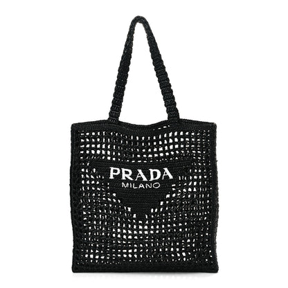 Prada Yarn Raffia Effect Crochet Logo Embroidered Tote Bag Black 1 of 8