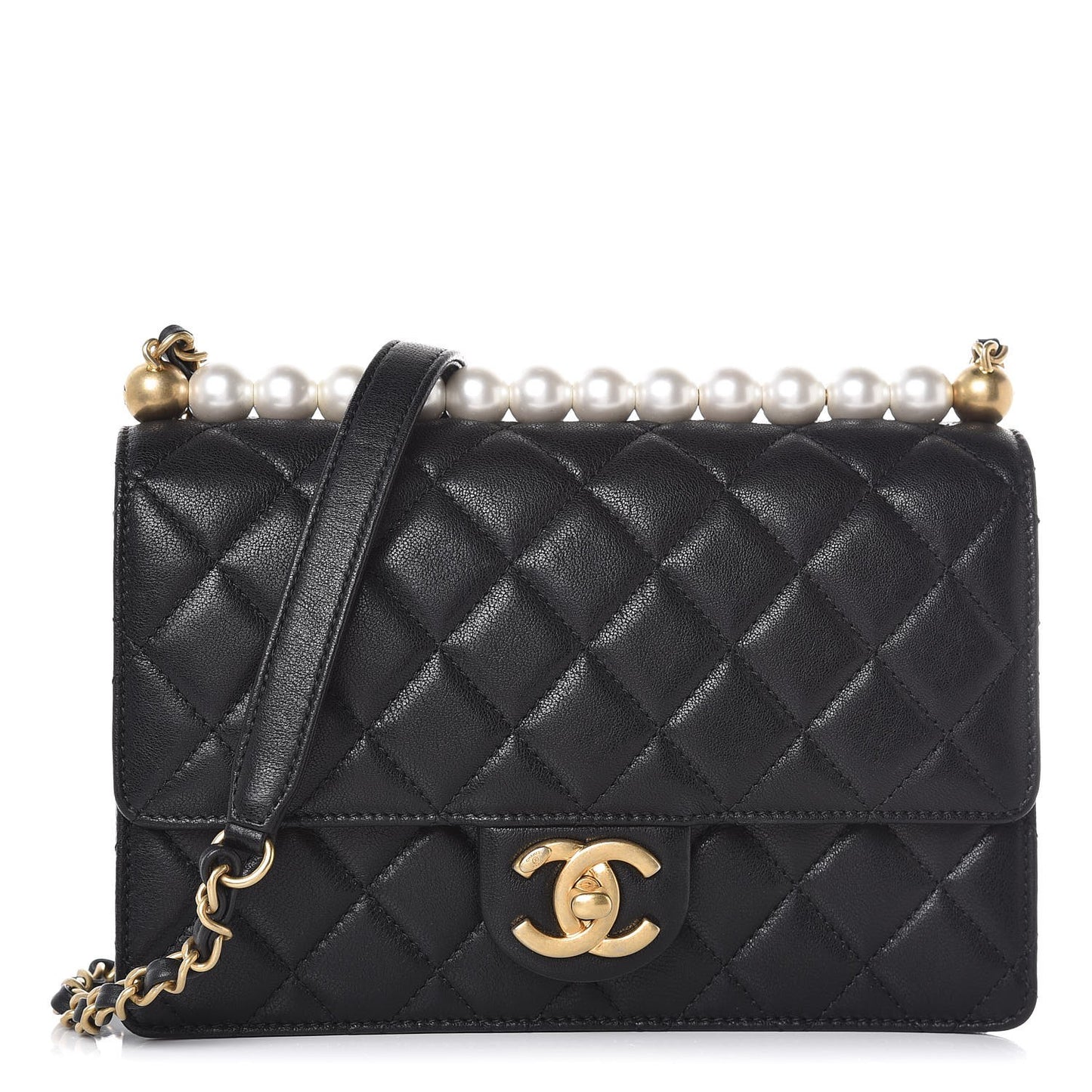 Lambskin Quilted Small Chic Pearls Flap Black