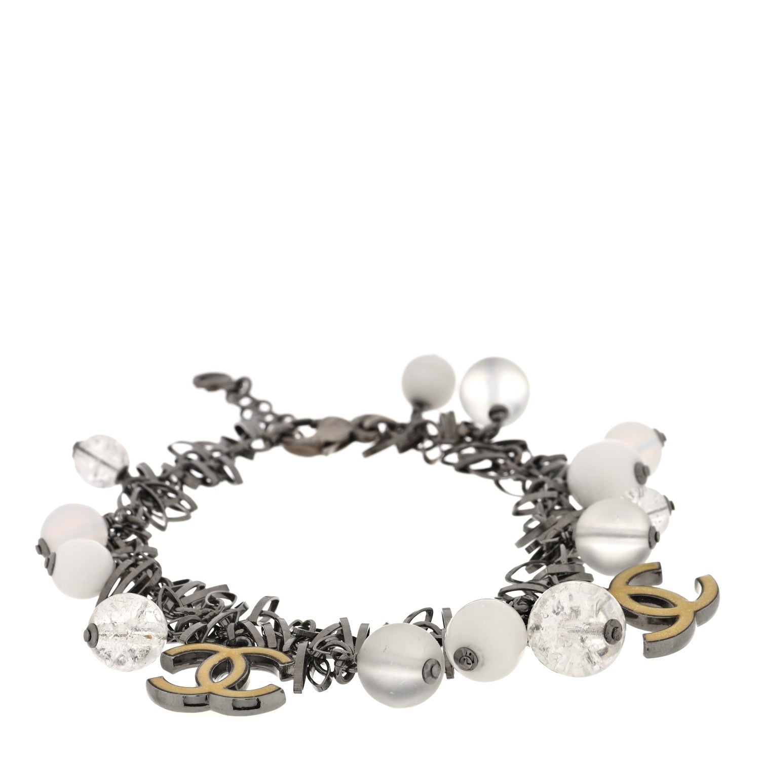 Chanel Metal Crystal CC Bead Charm Bracelet Ruthenium Gold White 1 of 4