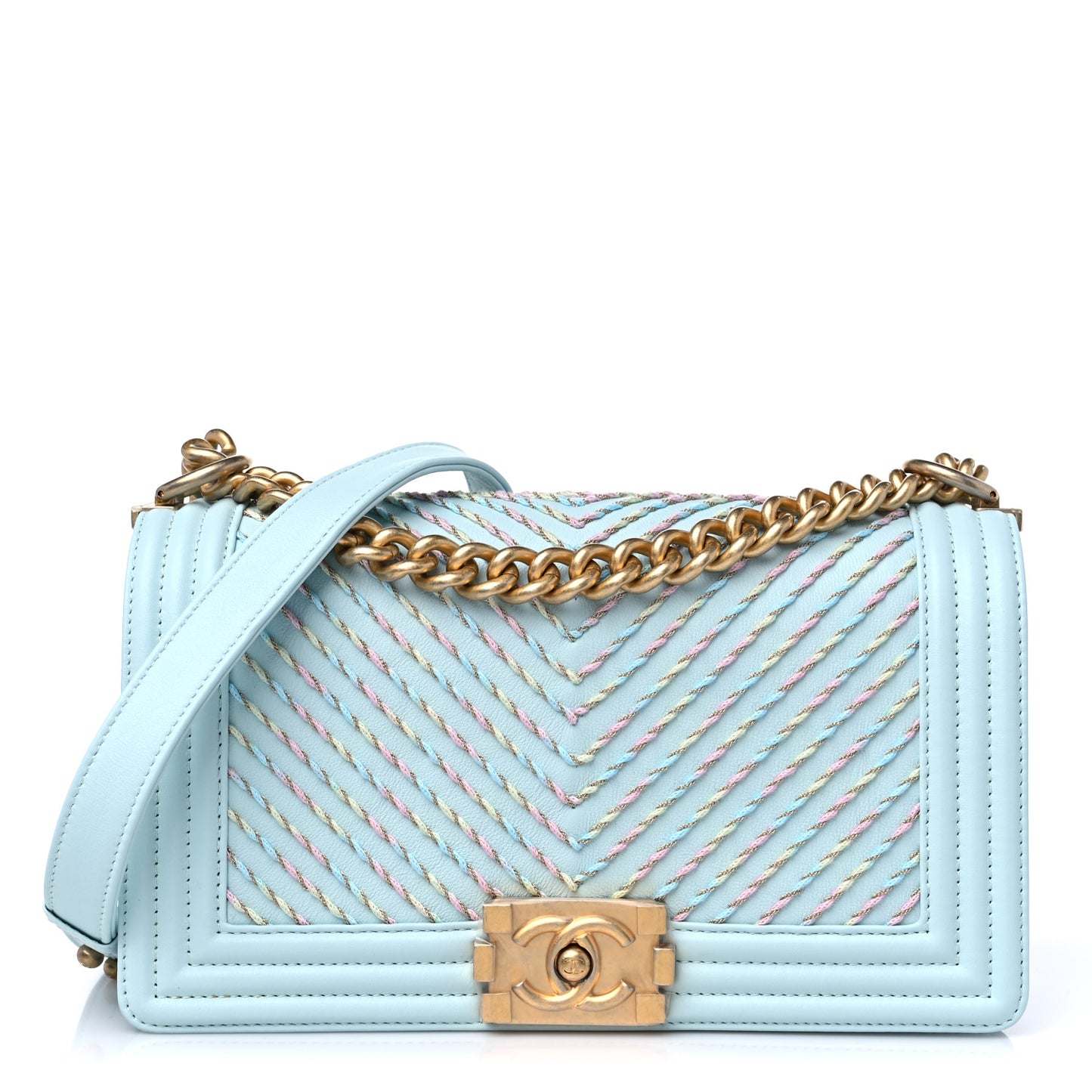 Calfskin Chevron Embroidered Medium Boy By The Sea Flap Light Blue