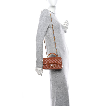 Chanel Lambskin Quilted Bi-Color Mini Top Handle Rectangular Flap Light Brown Yellow 2 of 11