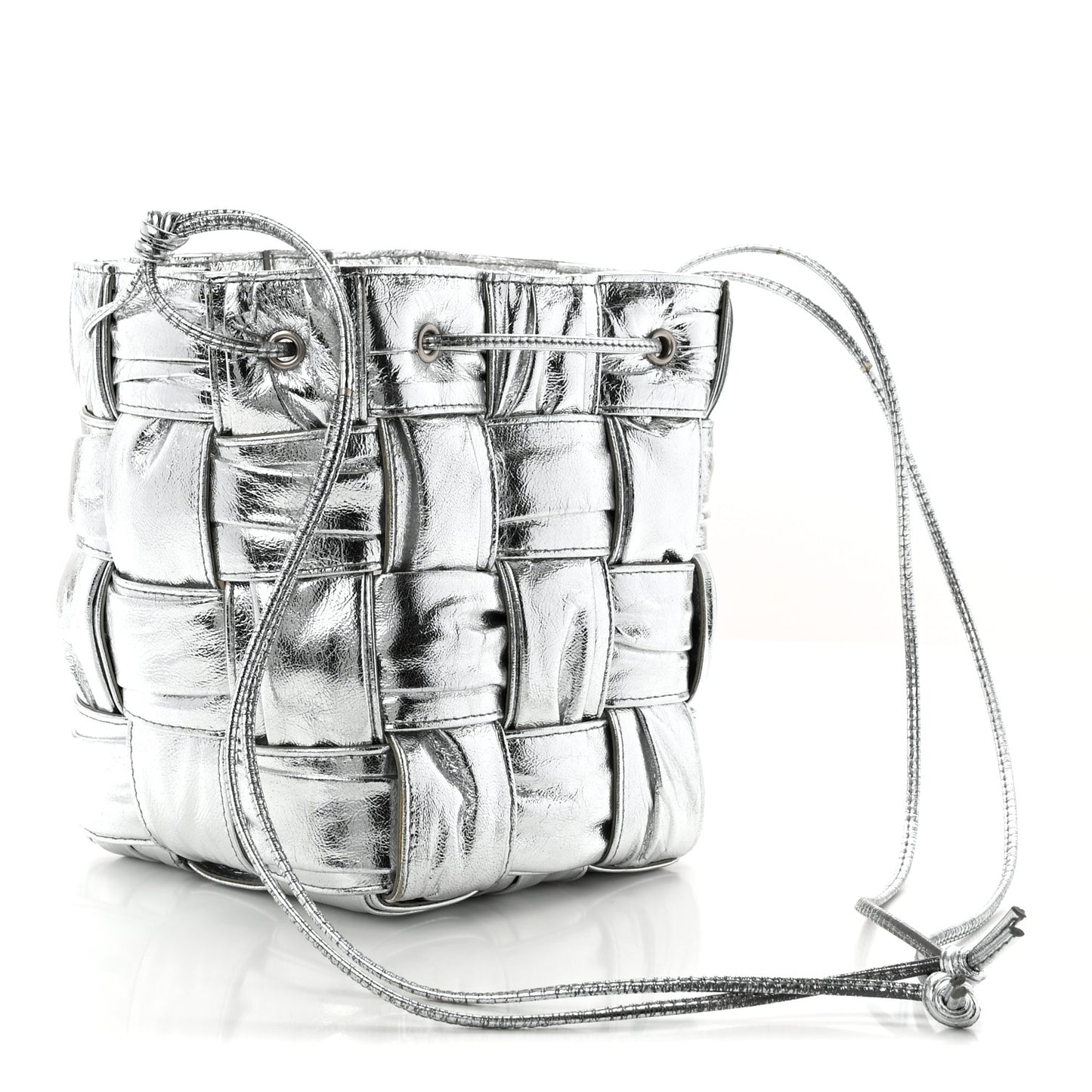 Metallic Calfskin Intrecciato Foulard Bucket Bag Silver