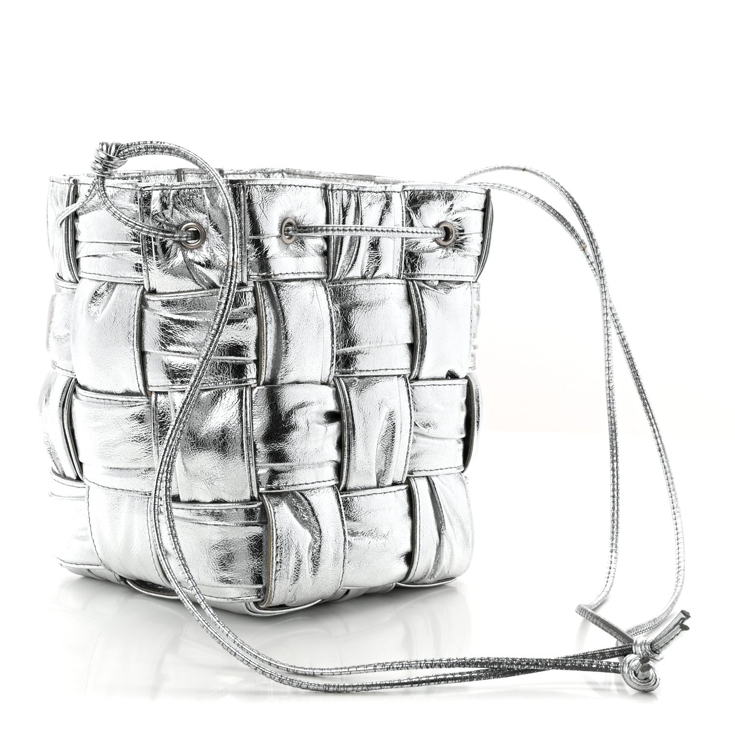 Bottega Veneta Metallic Calfskin Intrecciato Foulard Bucket Bag Silver 3 of 10