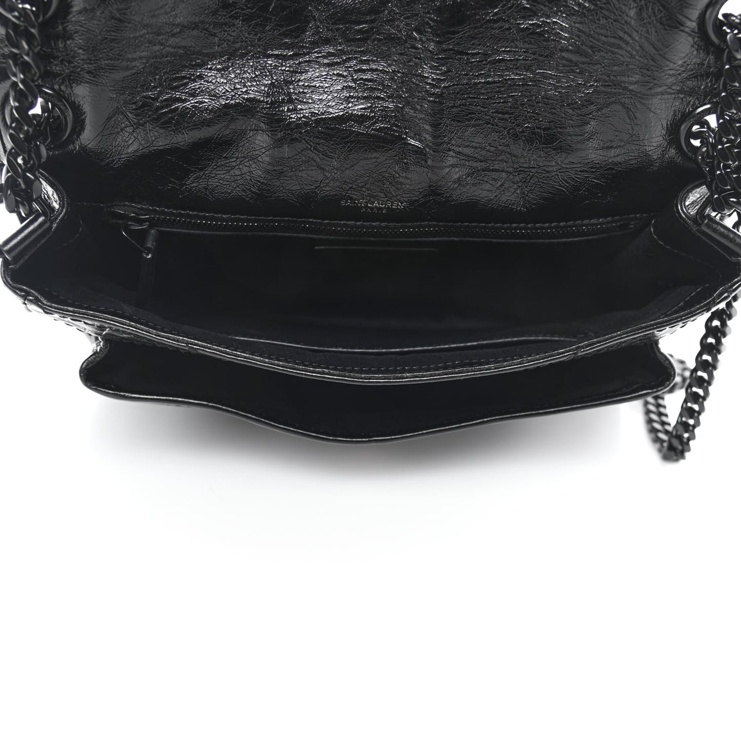 Crinkled Calfskin Matelasse Monogram Medium Niki Chain Satchel Black