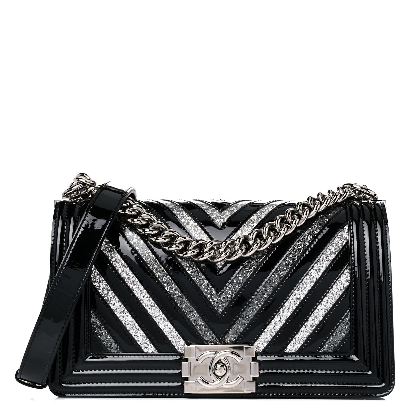 Patent Glitter PVC Chevron Quilted Medium Boy Flap Black Silver