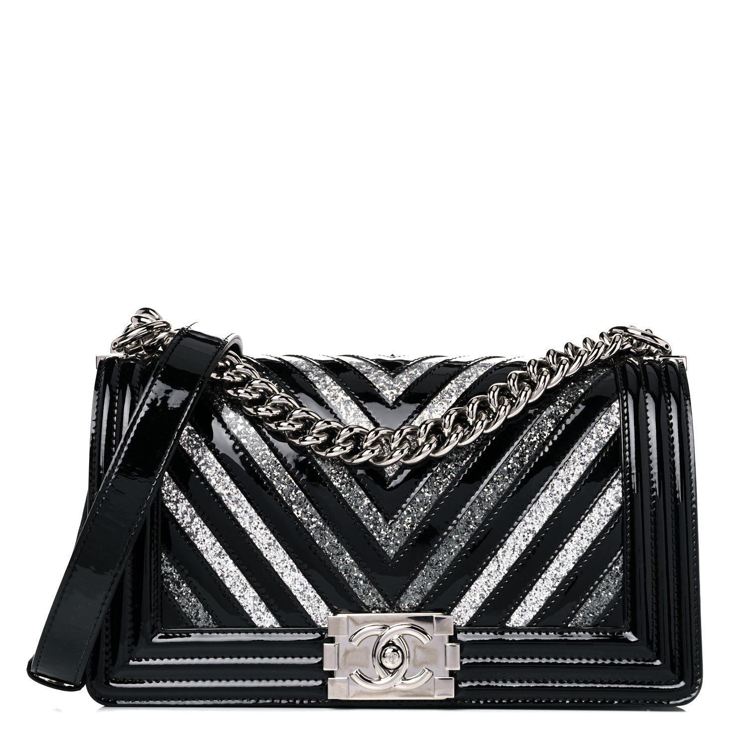 Chanel Patent Glitter PVC Chevron Quilted Medium Boy Flap Black Silver 1 of 15