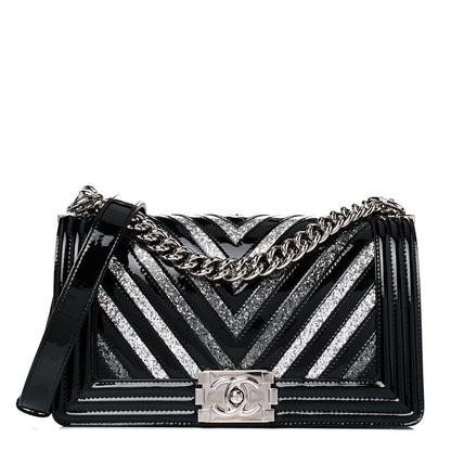 Chanel Patent Glitter PVC Chevron Quilted Medium Boy Flap Black Silver 1 of 15
