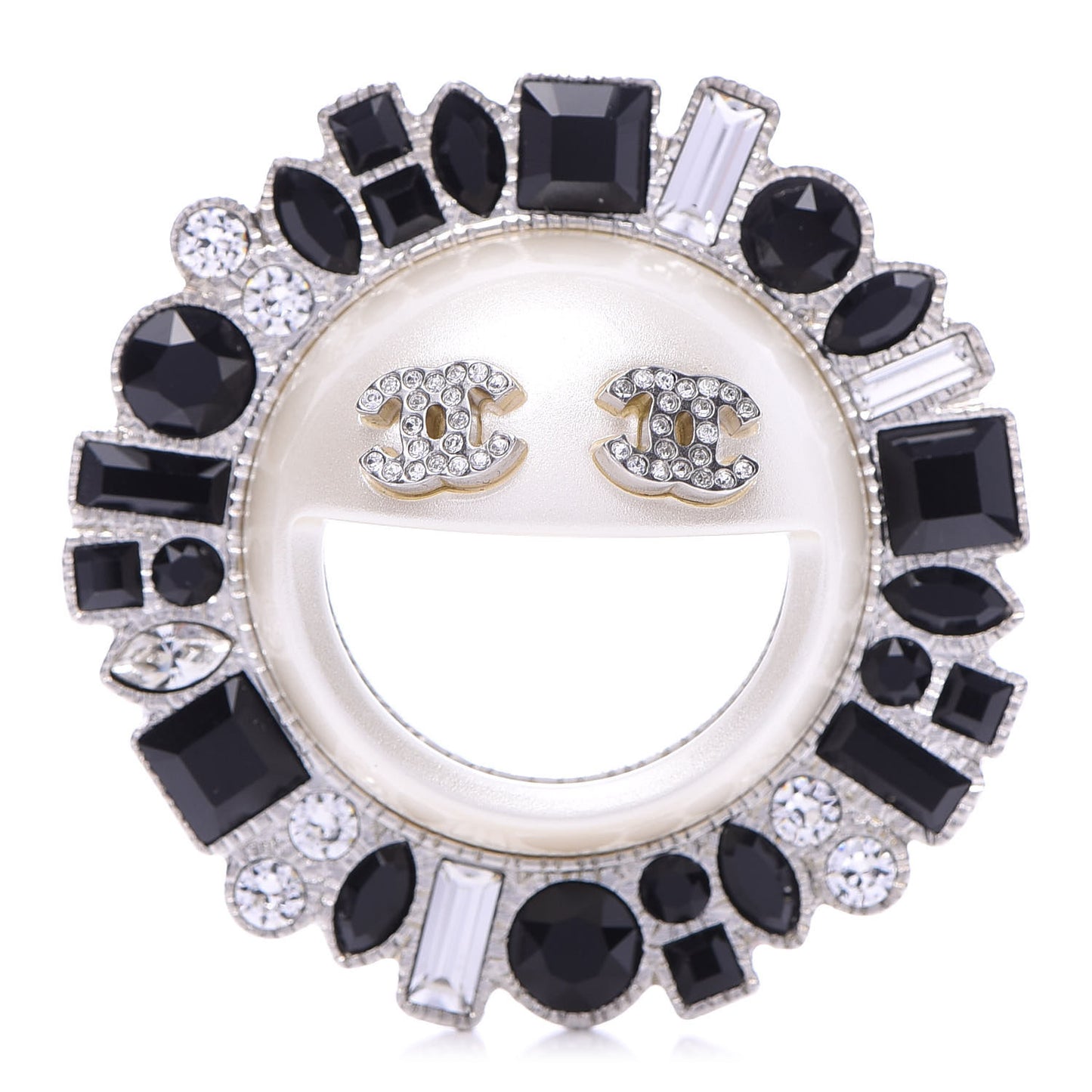 Crystal CC Smiley Emoji Brooch Silver