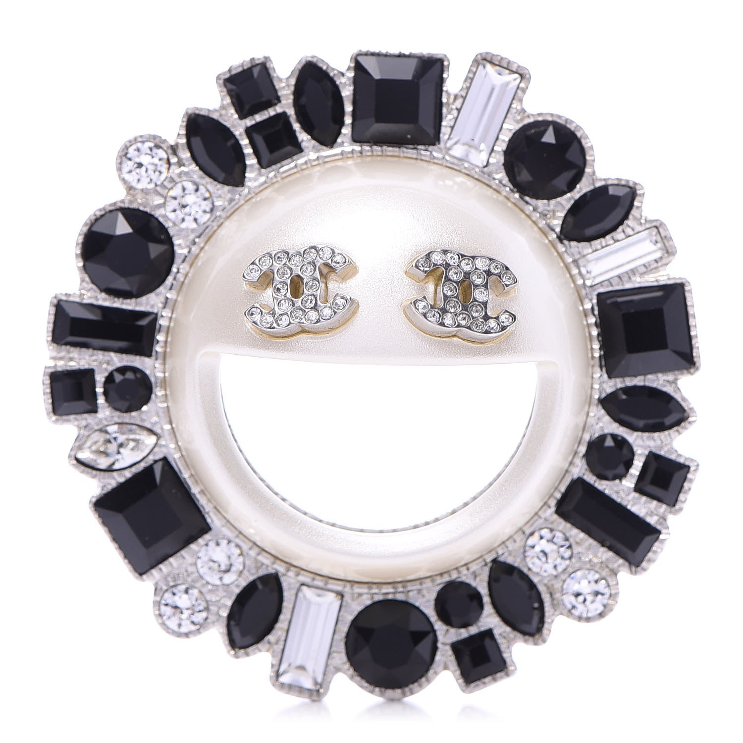 Chanel Crystal CC Smiley Emoji Brooch Silver 1 of 6