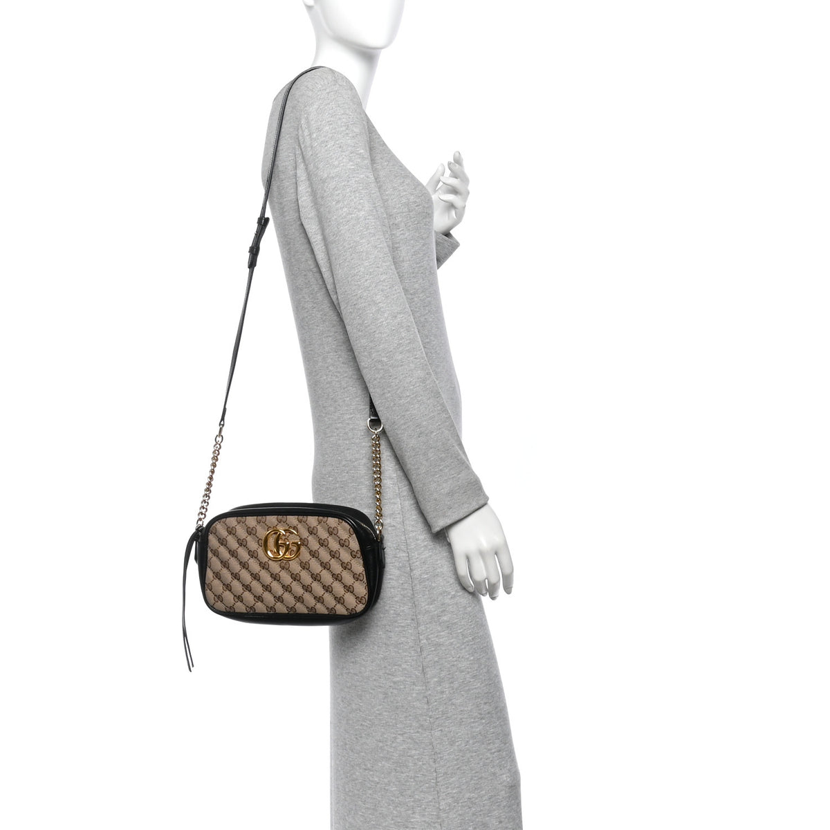 Gucci Monogram Matelasse Diagonal Small GG Marmont Chain Shoulder Bag Beige Black 2 of 12