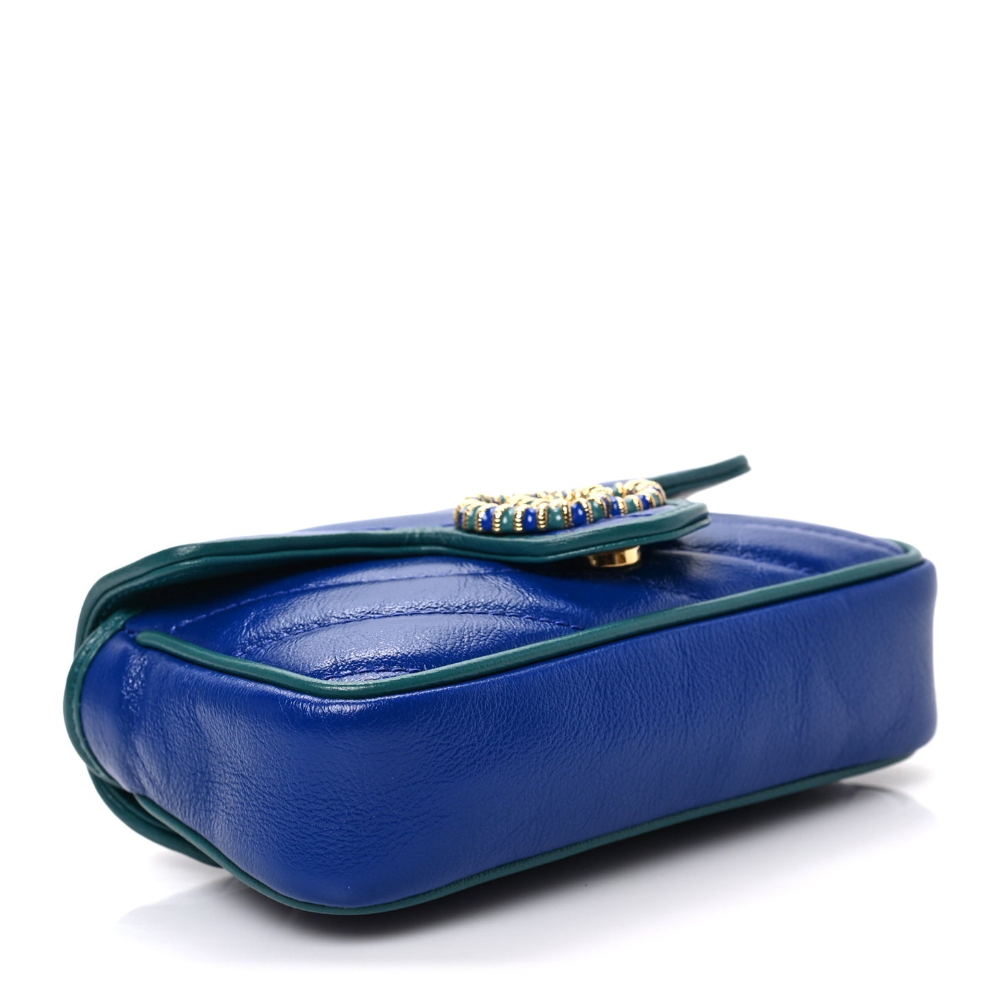Azalea Calfskin Enamel Matelasse Diagonal Super Mini Torchon GG Marmont Shoulder Bag Imperial Blue Pavone