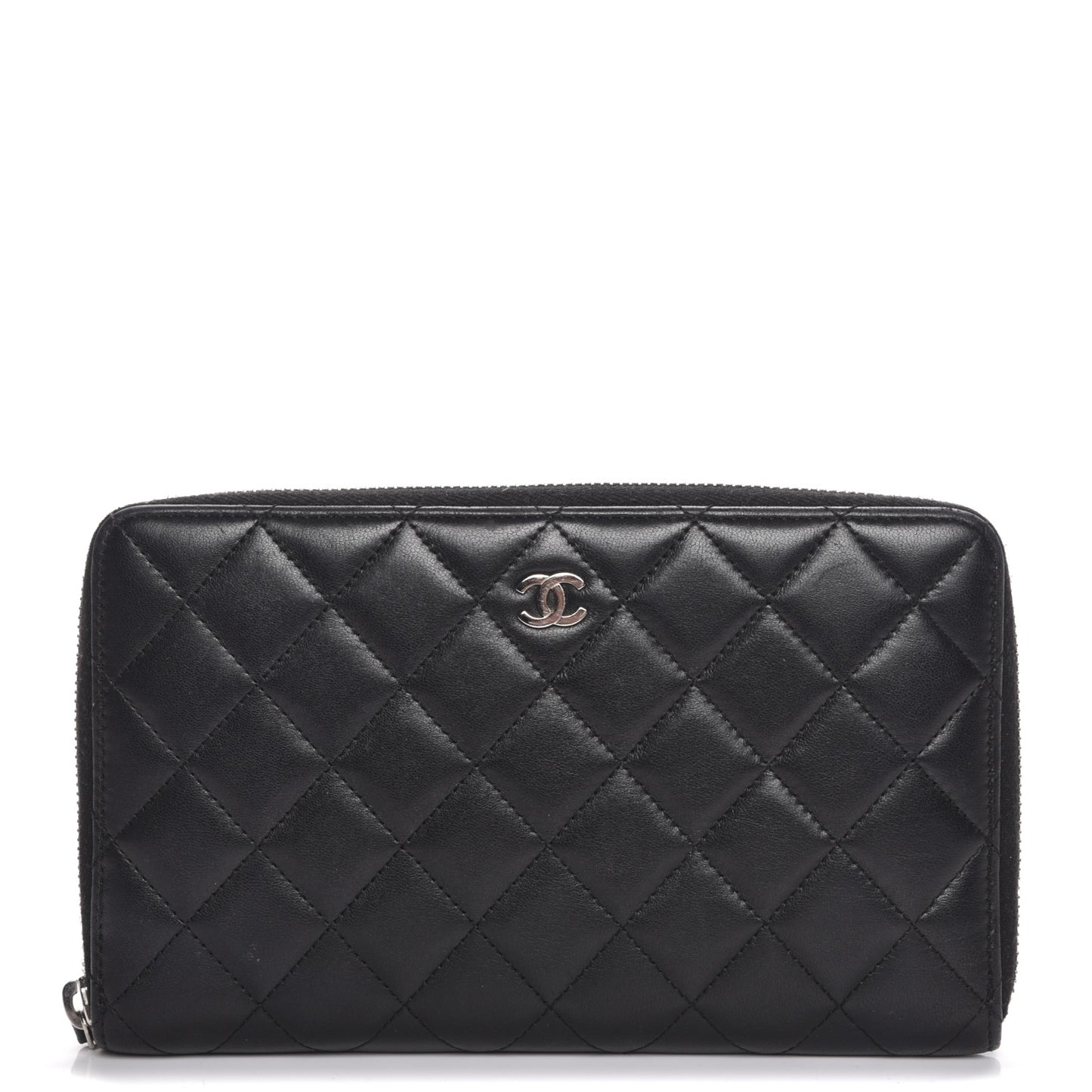 Lambskin Quilted Large Zip Around Organizer Wallet Black