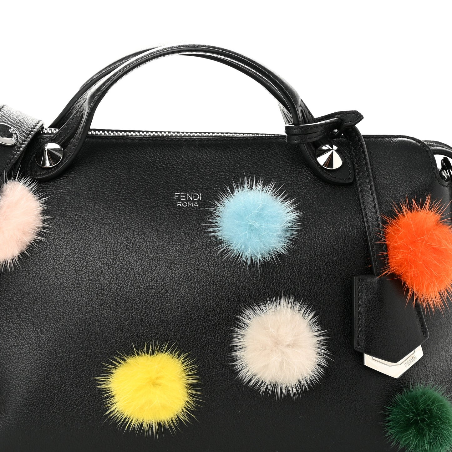 Vitello Dolce Mink Fur Pom Pom Medium By The Way Boston Bag Black Multicolor