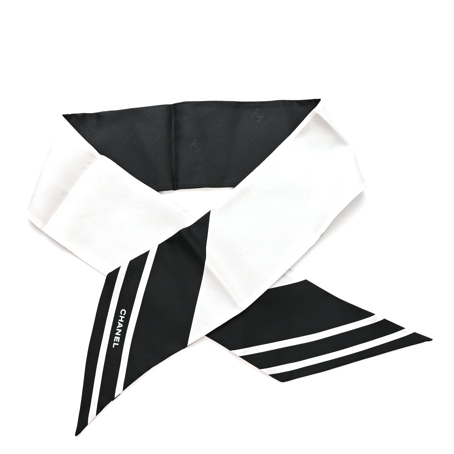 Chanel Silk CC Slim Bandeau Scarf Ecru Black Grey 1 of 4