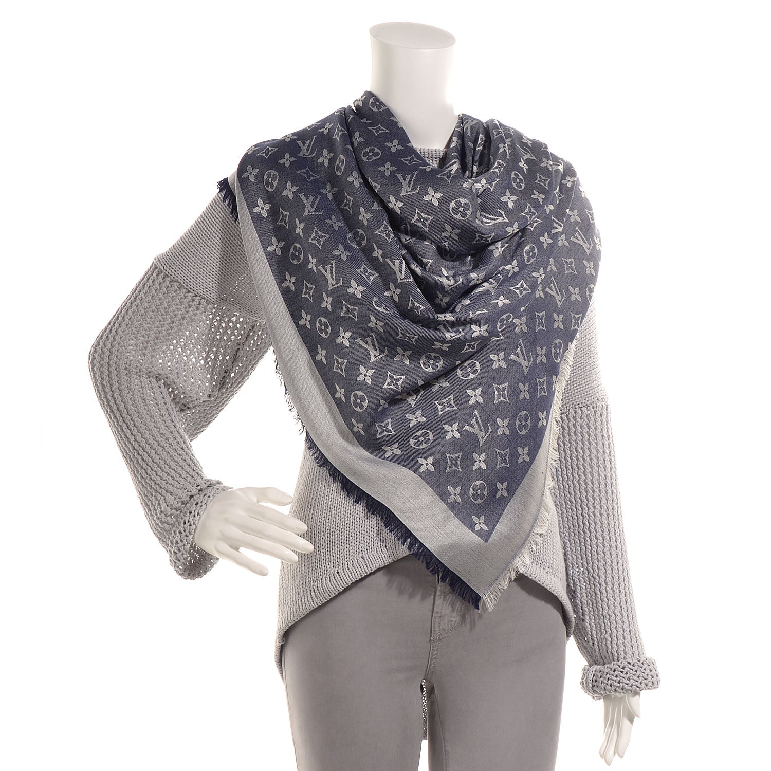 Louis Vuitton Wool Silk Monogram Denim Shawl Blue 2 of 5