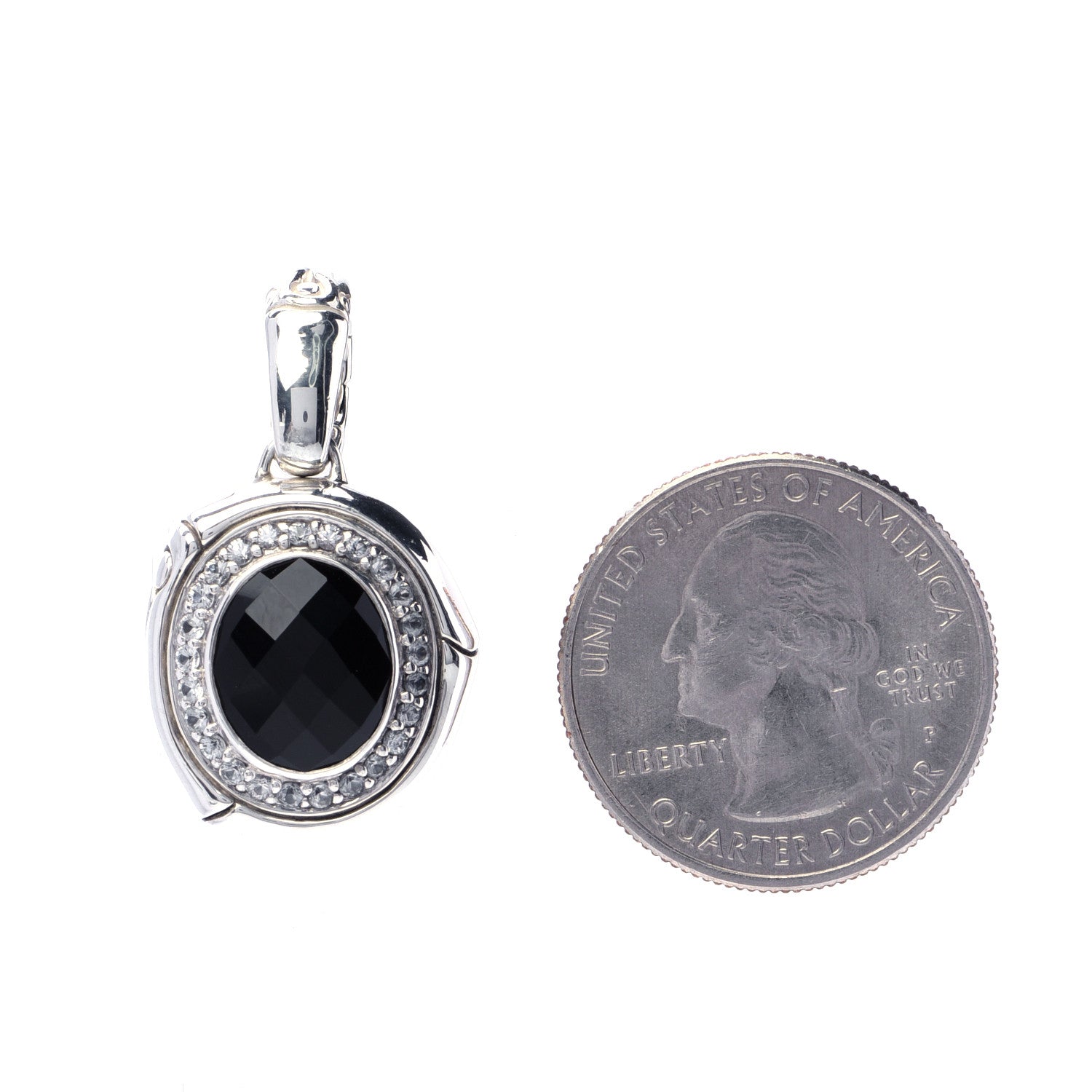 John Hardy Sterling Silver Black Onyx White Sapphire Bamboo Oval Pendant 2 of 5