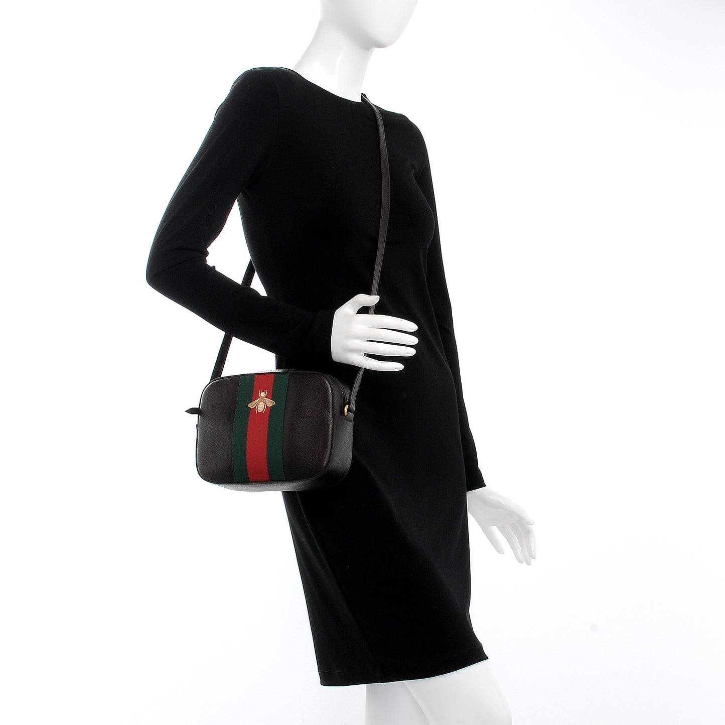 Textured Calfskin Web Small Webby Bee Shoulder Bag Brown Coffee
