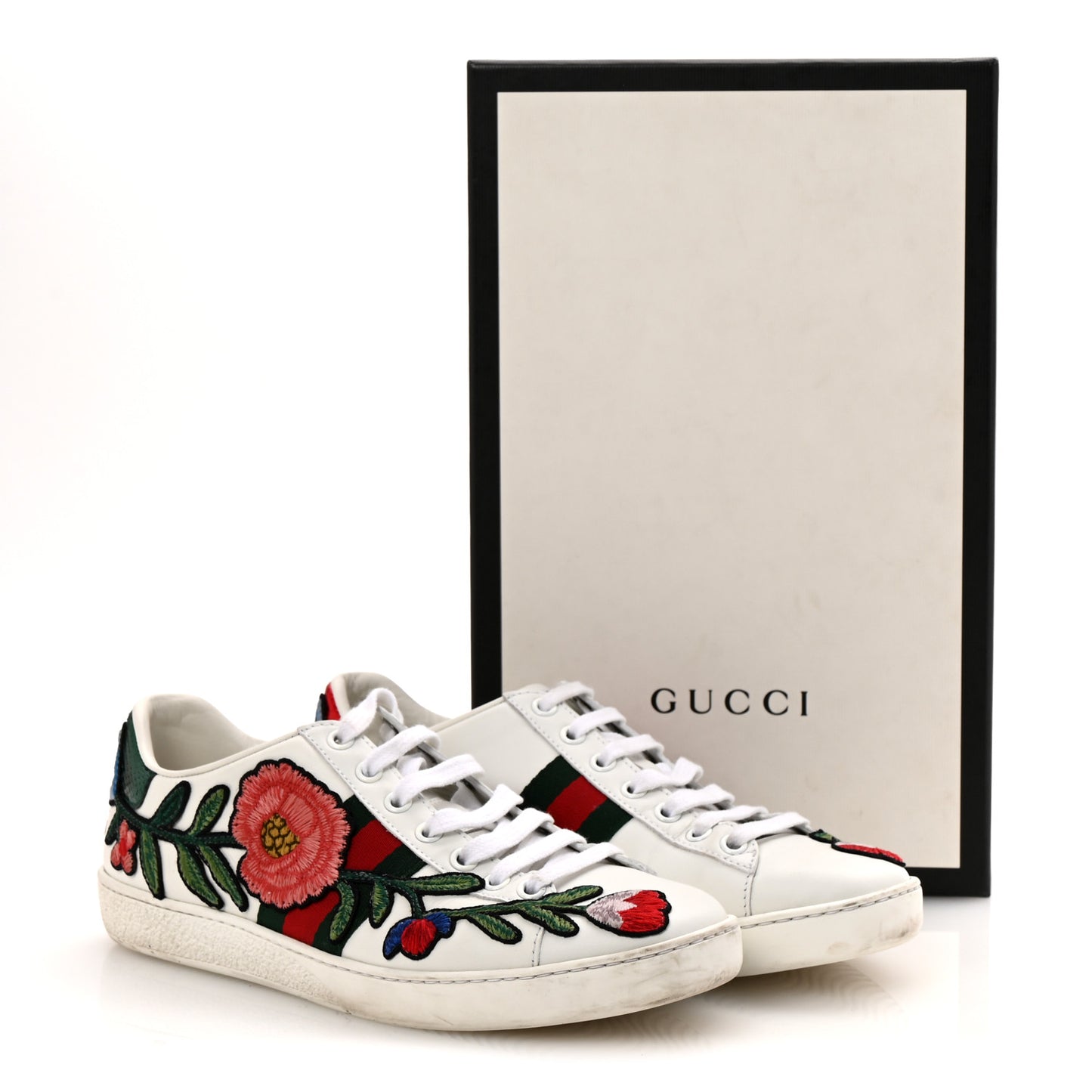 Calfskin Web Floral Embroidered Womens Ace Sneakers 37 White