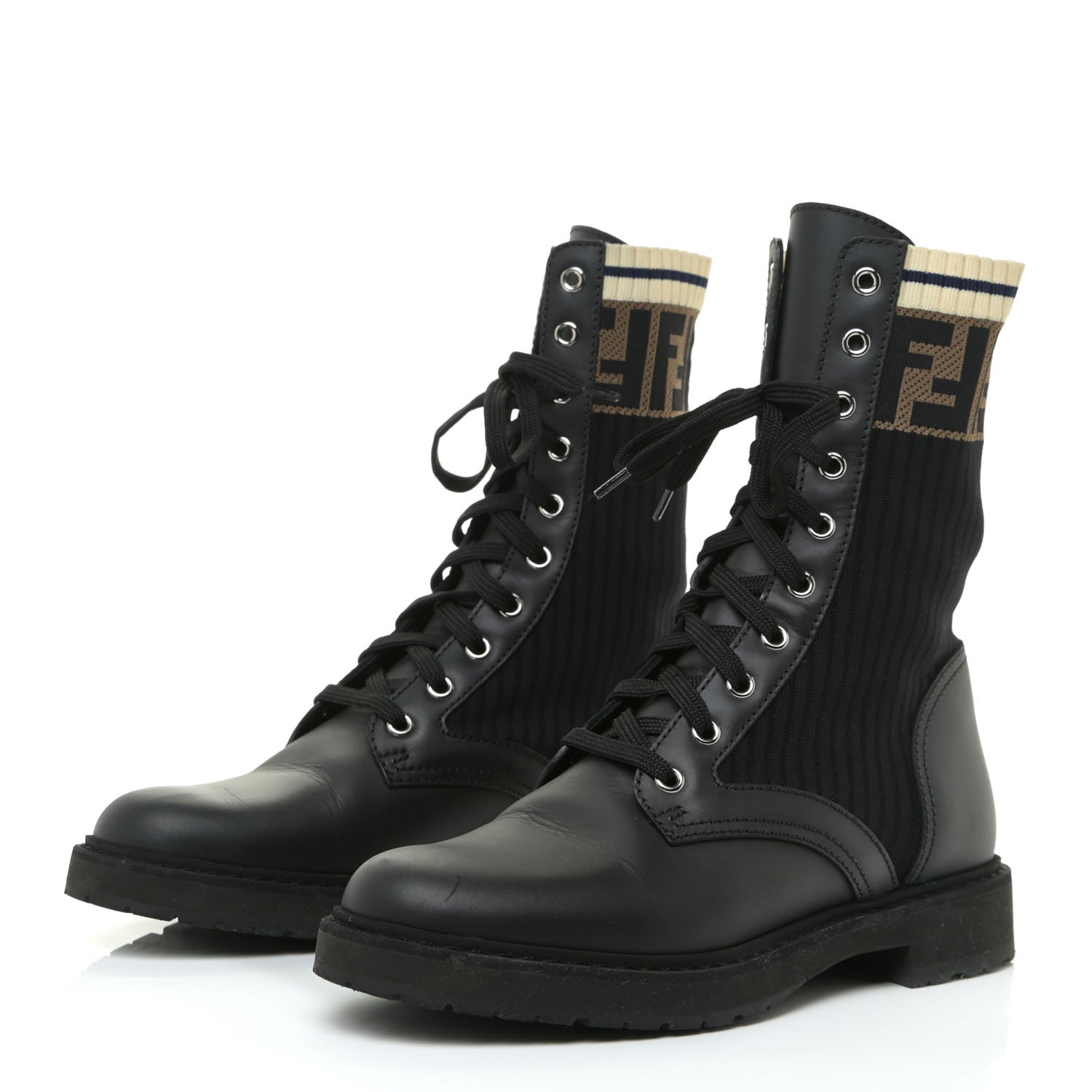 Fendi Calfskin Stretch Fabric Rockoko Biker Boots 38 Tobacco Black Marino 2 of 9