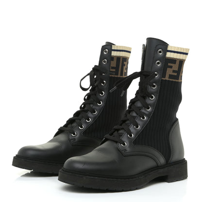 Fendi Calfskin Stretch Fabric Rockoko Biker Boots 38 Tobacco Black Marino 2 of 9