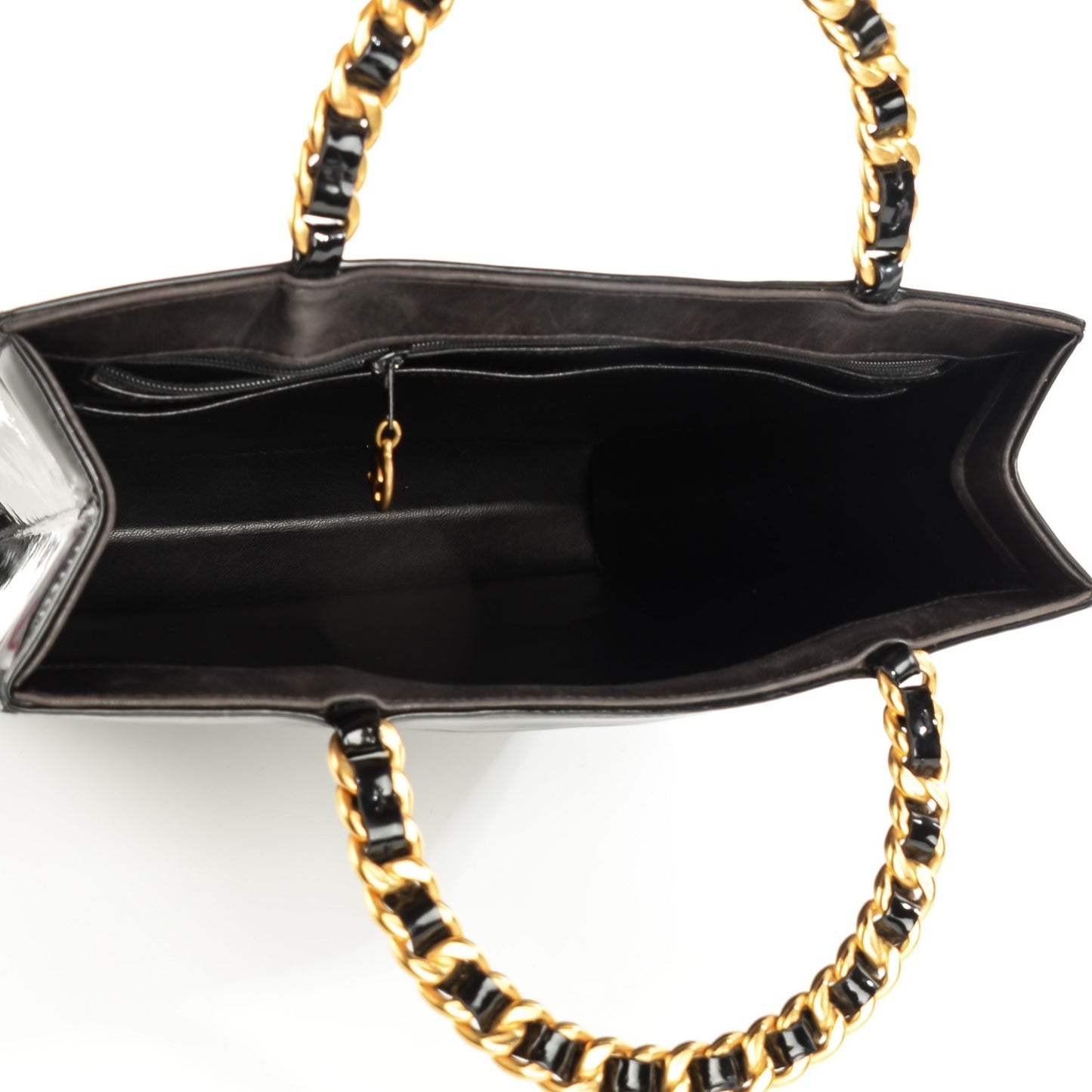 Patent Quilted Chain Handle Tote Black