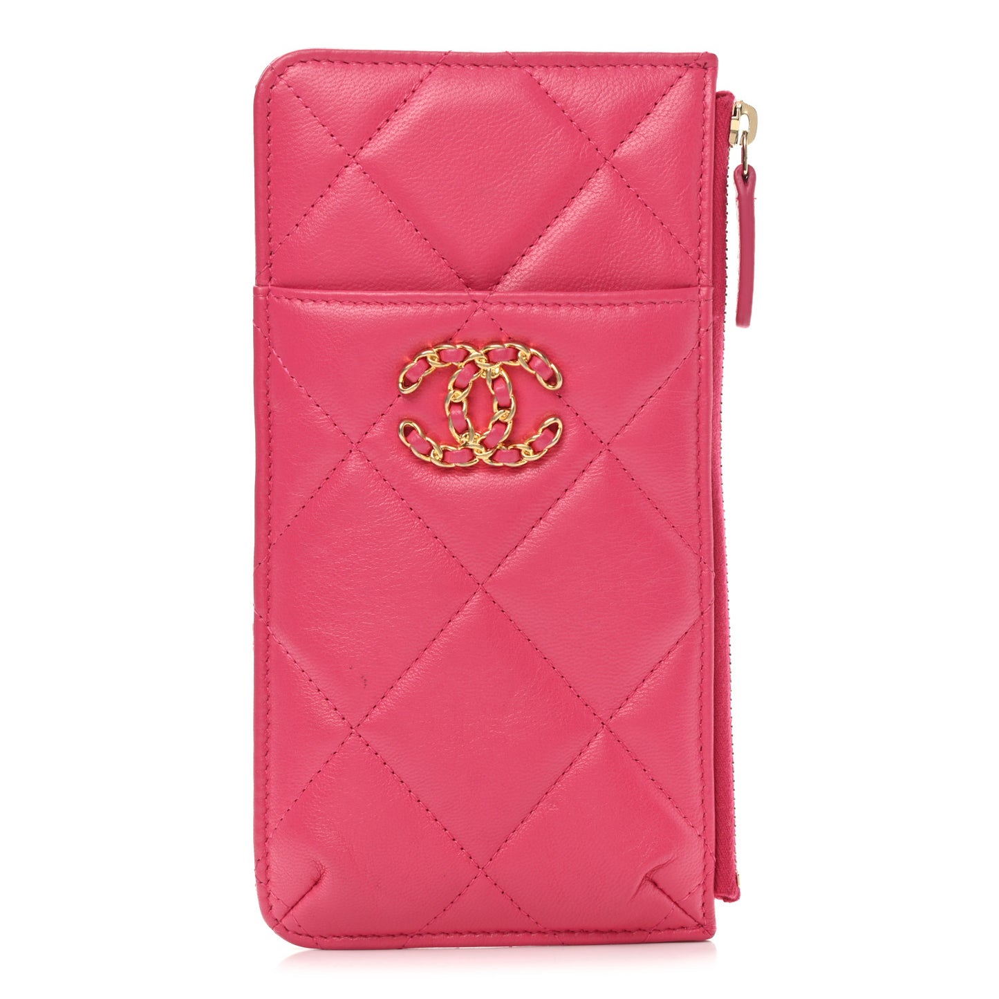Shiny Goatskin Quilted Chanel 19 Flat Wallet Pouch Dark Pink