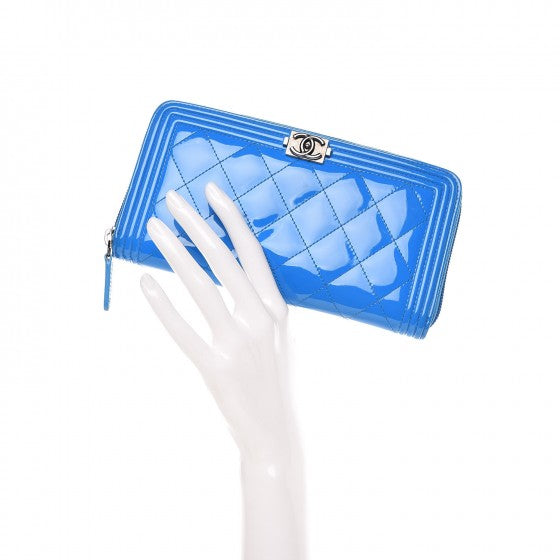 Patent Quilted Boy Zip Around Wallet Light Blue