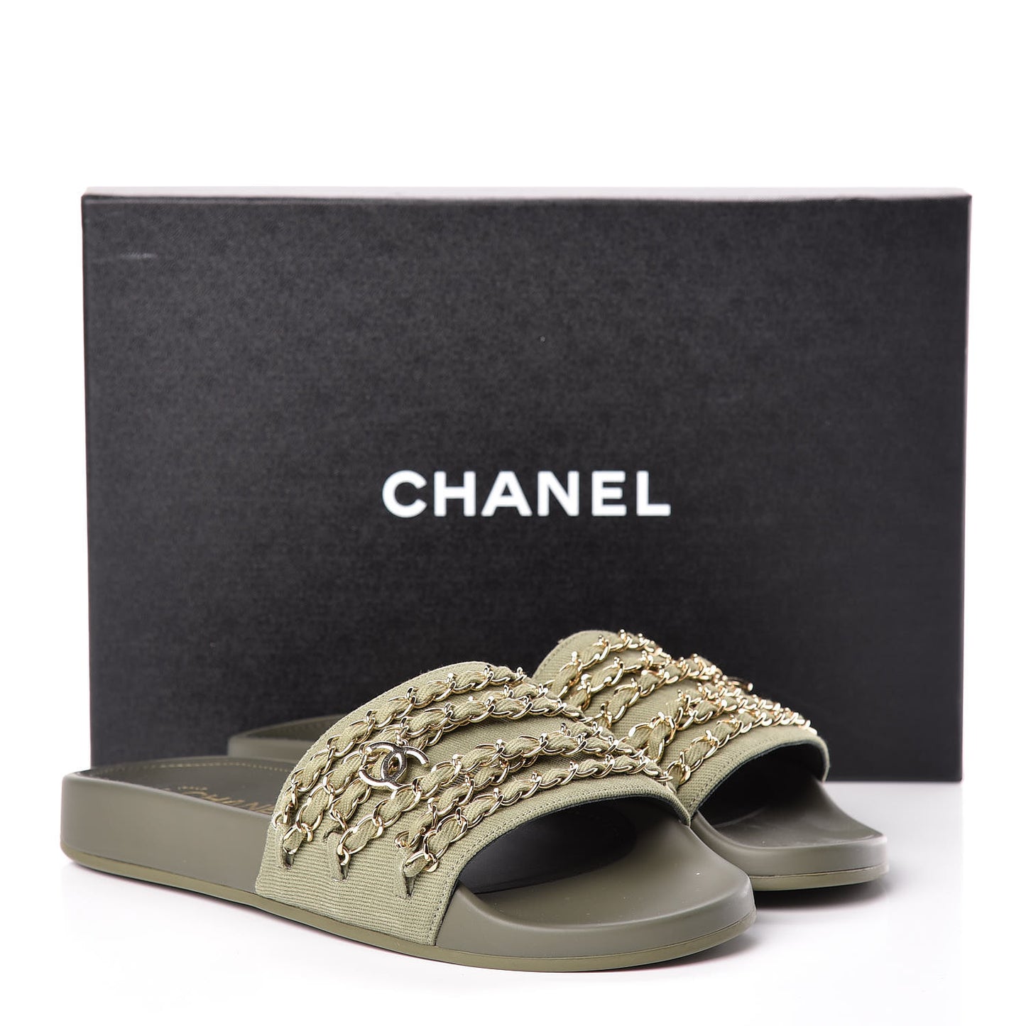 Canvas Chain Flat Sandals 38 Khaki