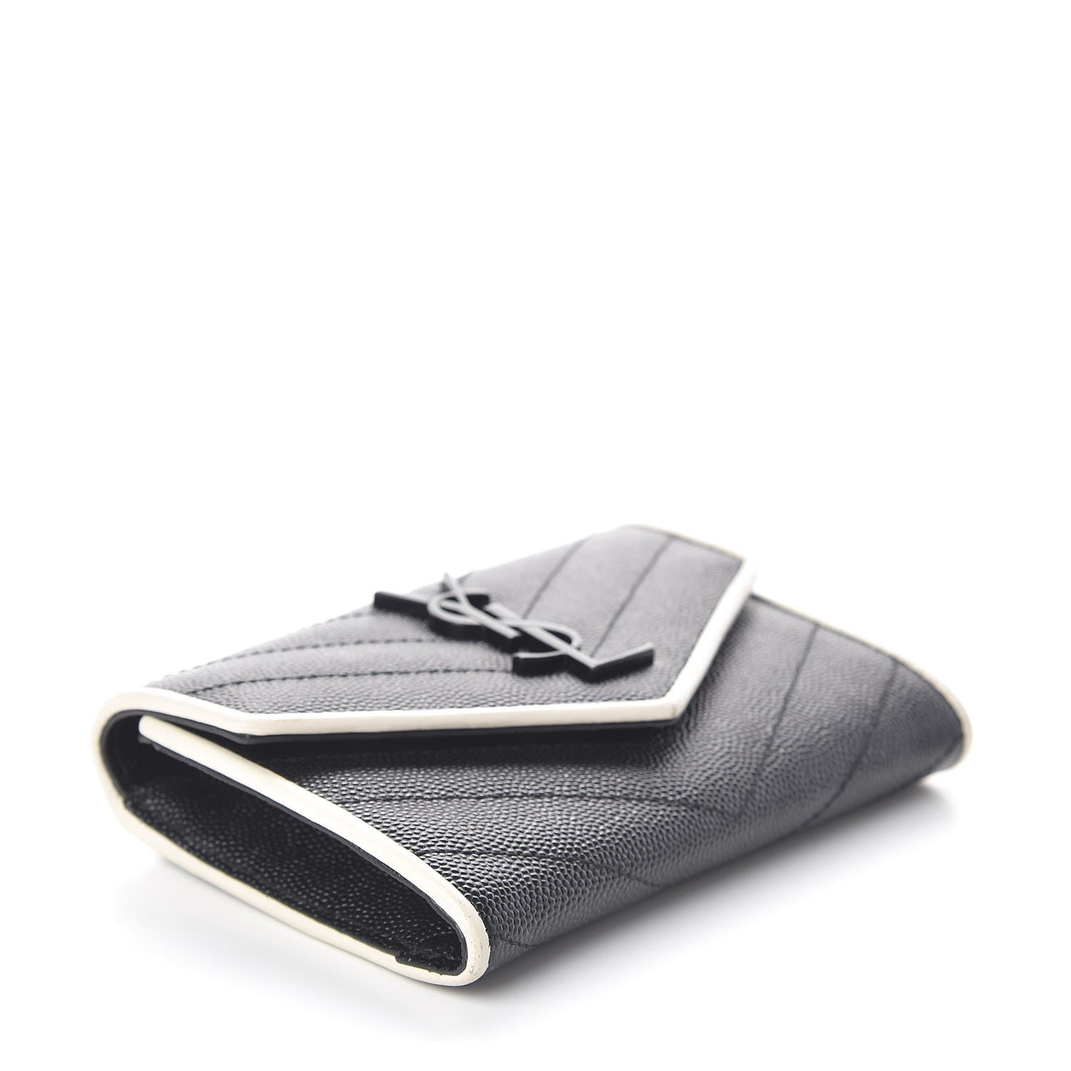 Saint Laurent Grain De Poudre Matelasse Chevron Small Monogram Envelope Wallet Black Dove White 4 of 7