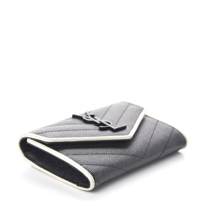 Saint Laurent Grain De Poudre Matelasse Chevron Small Monogram Envelope Wallet Black Dove White 4 of 7