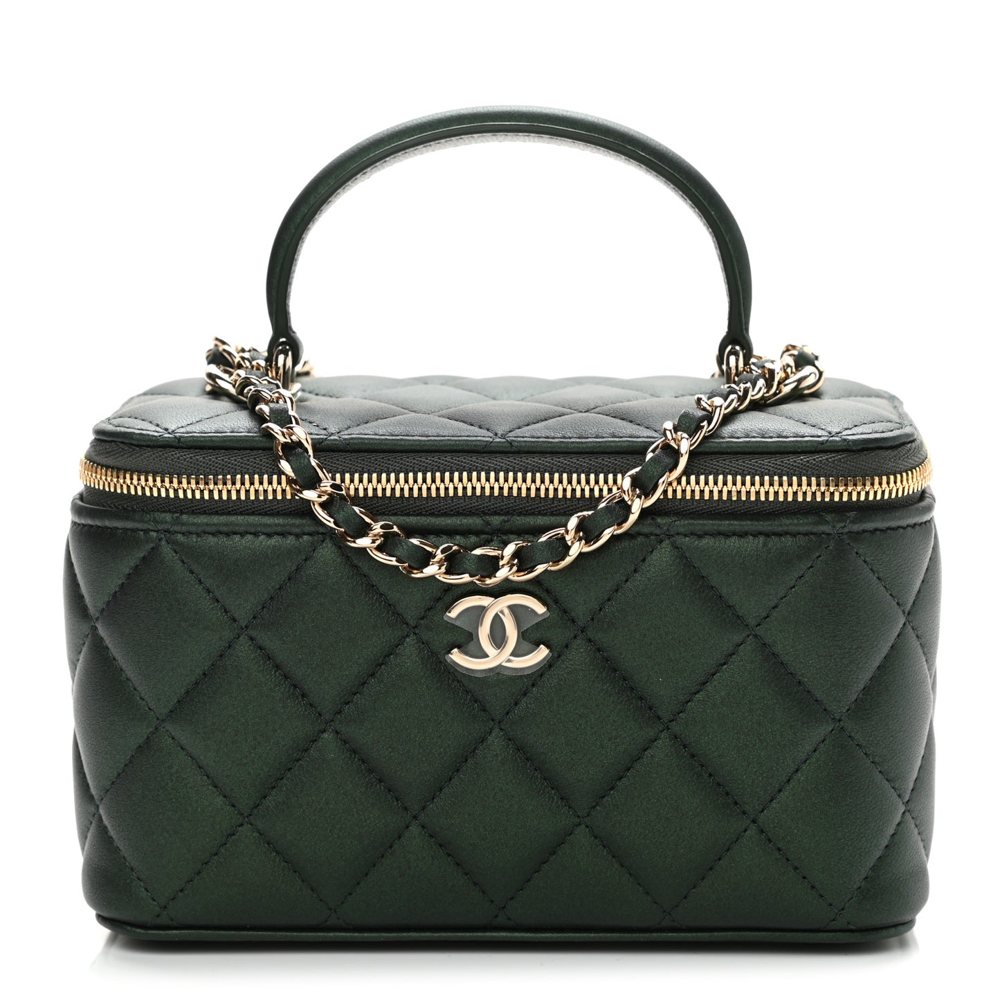 Iridescent Lambskin Quilted Small Top Handle Vanity Case With Chain Green