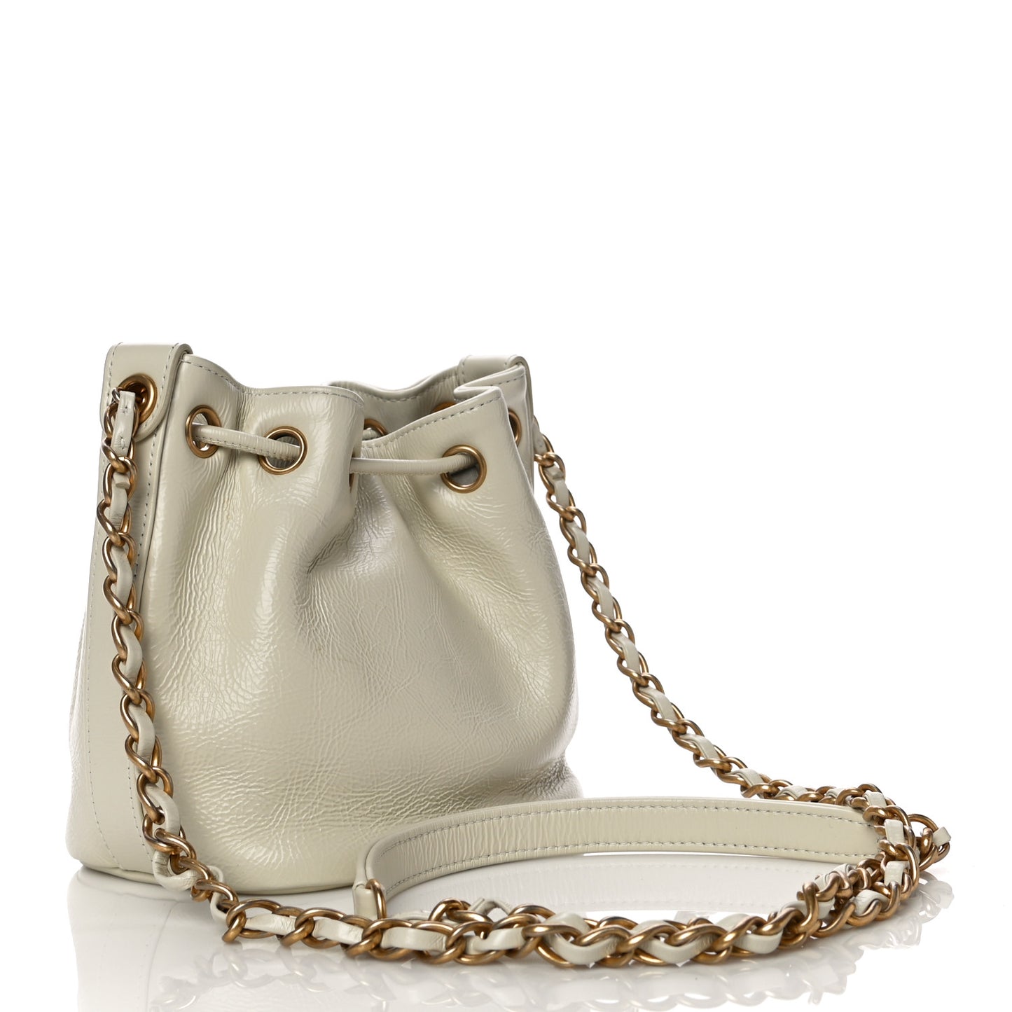 Shiny Aged Calfskin CC Chain Mini Drawstring Bag White