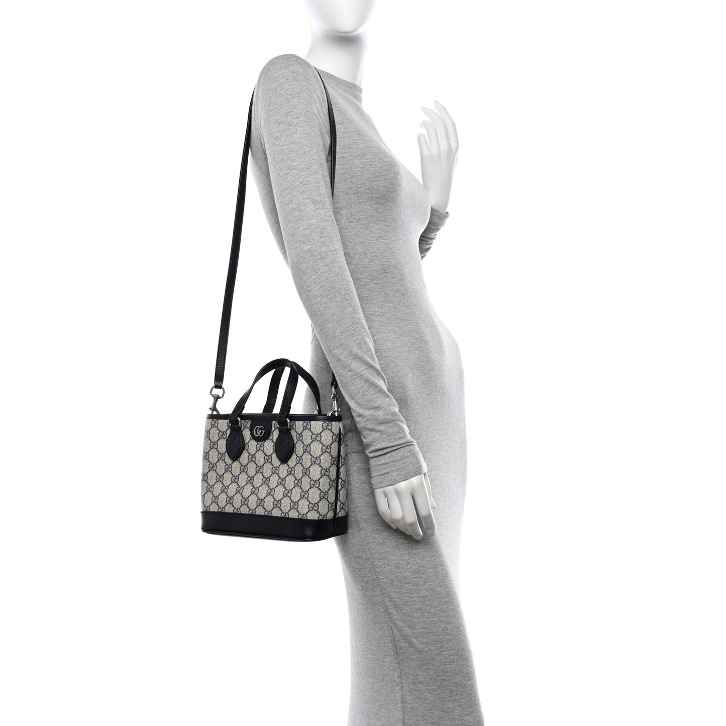 GG Supreme Monogram Textured Dollar Calfskin Mini Ophidia Shoulder Tote Bag Beige Blue