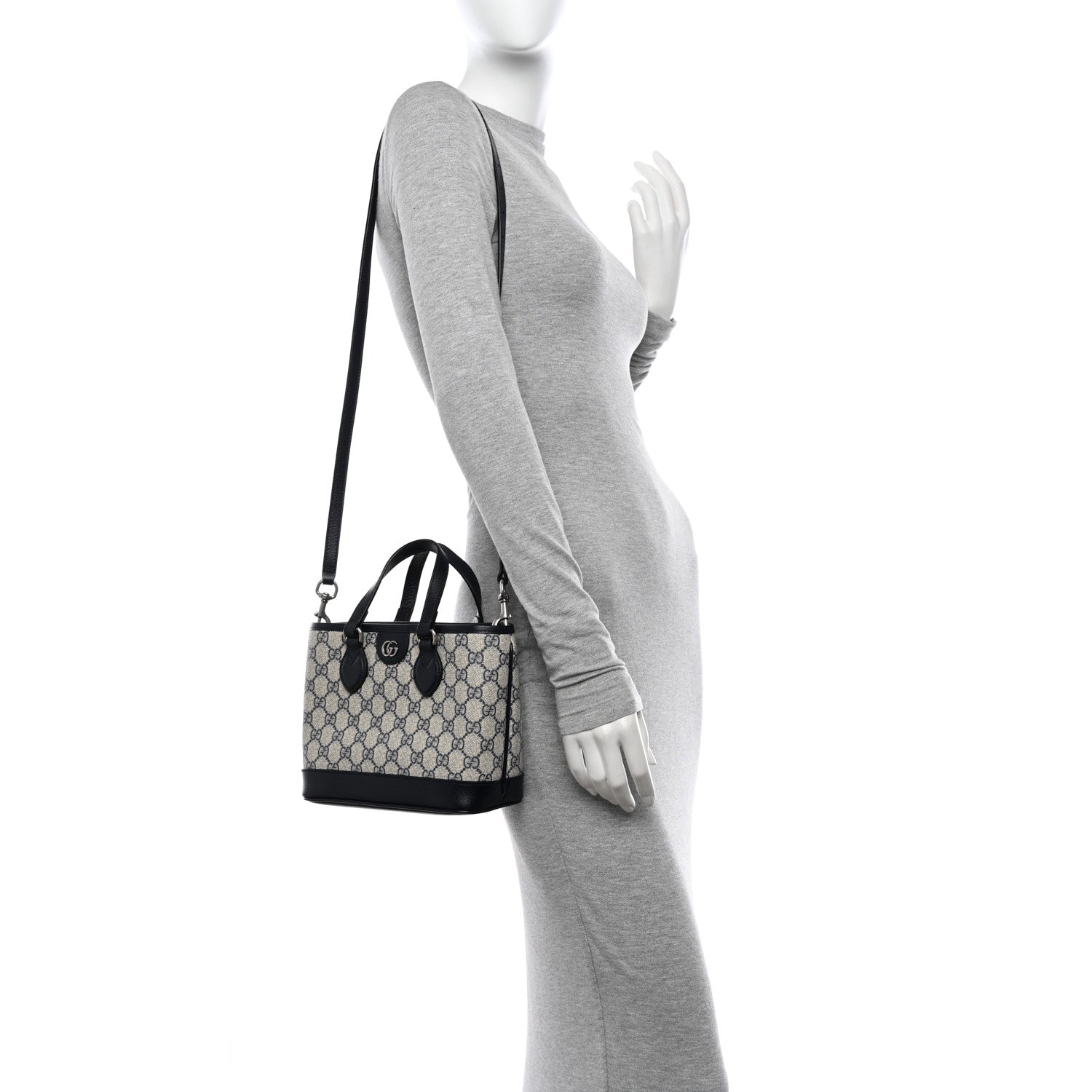 Gucci GG Supreme Monogram Textured Dollar Calfskin Mini Ophidia Shoulder Tote Bag Beige Blue 2 of 12