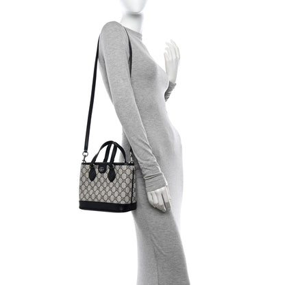 Gucci GG Supreme Monogram Textured Dollar Calfskin Mini Ophidia Shoulder Tote Bag Beige Blue 2 of 12