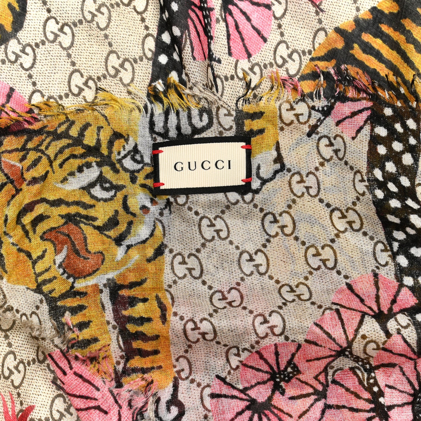 Modal Silk GG Monogram Supreme Tiger Square Shawl Rope Pink