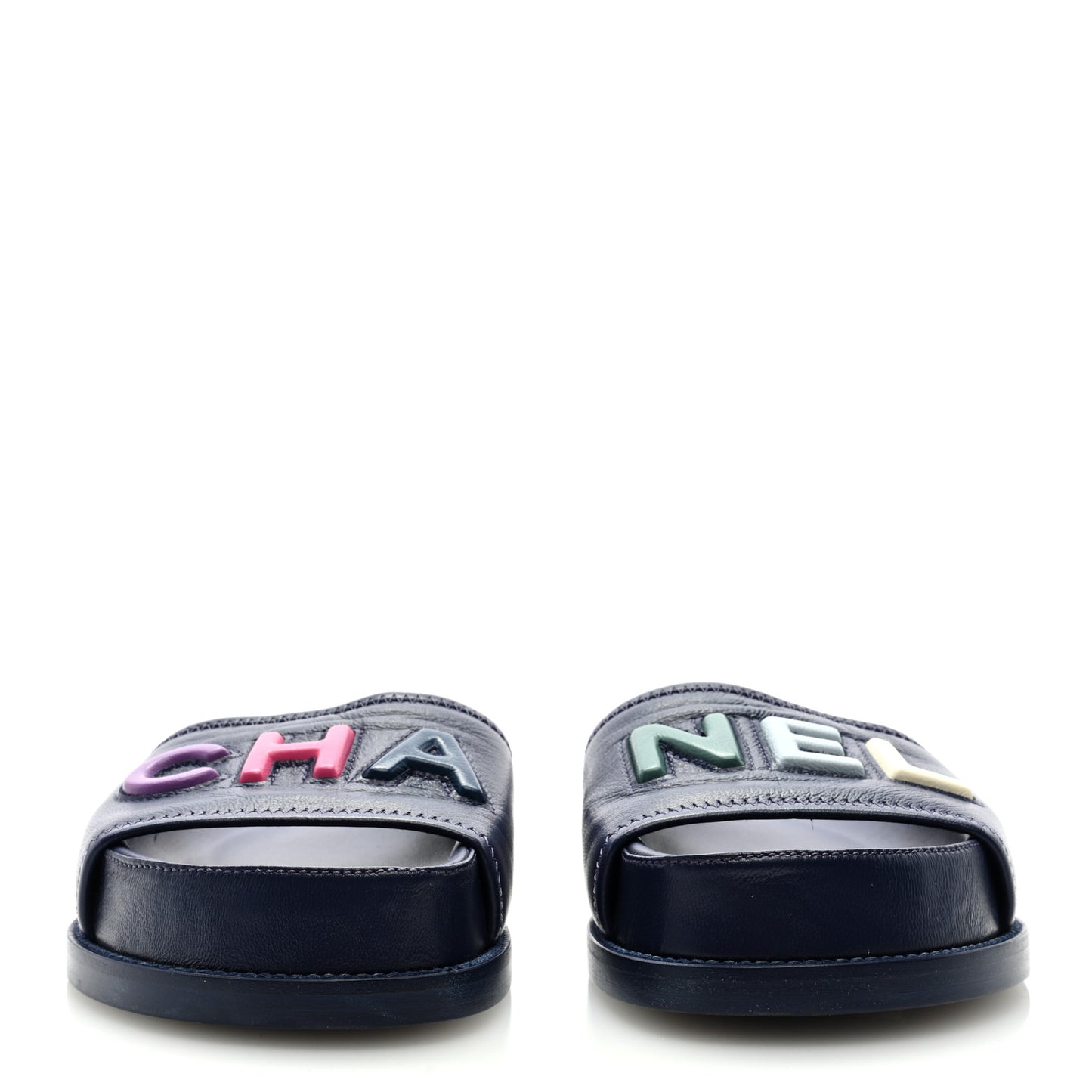 Lambskin Cha-Nel Mule Sandals 36.5 Navy Multicolor
