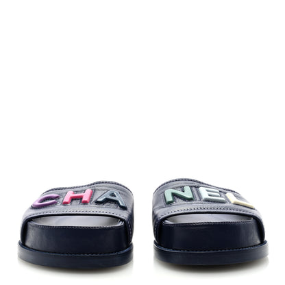 Chanel Lambskin Cha-Nel Mule Sandals 36.5 Navy Multicolor 2 of 8