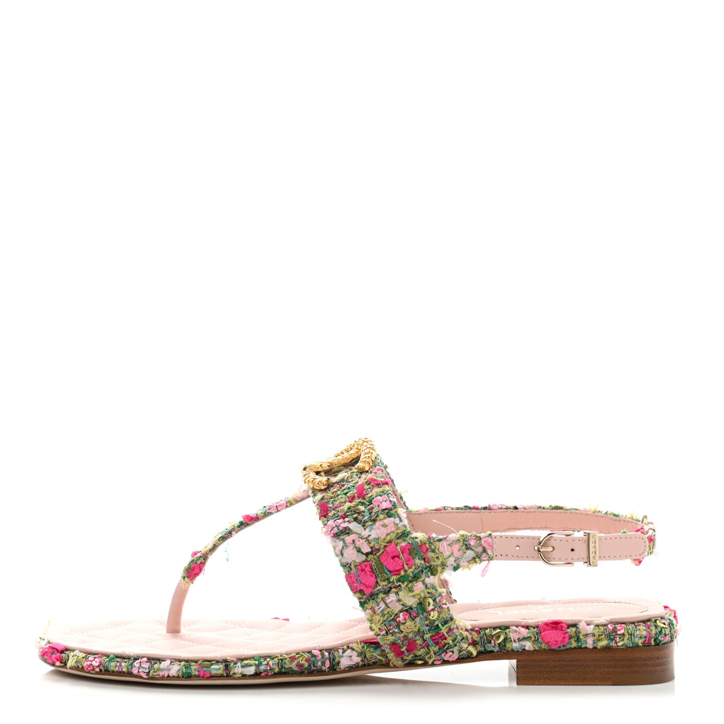 Tweed CC Logo Thong Sandals 37.5 Green Pink White