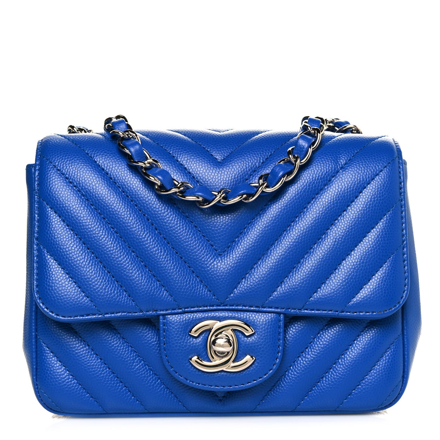 Caviar Chevron Quilted Mini Square Flap Blue