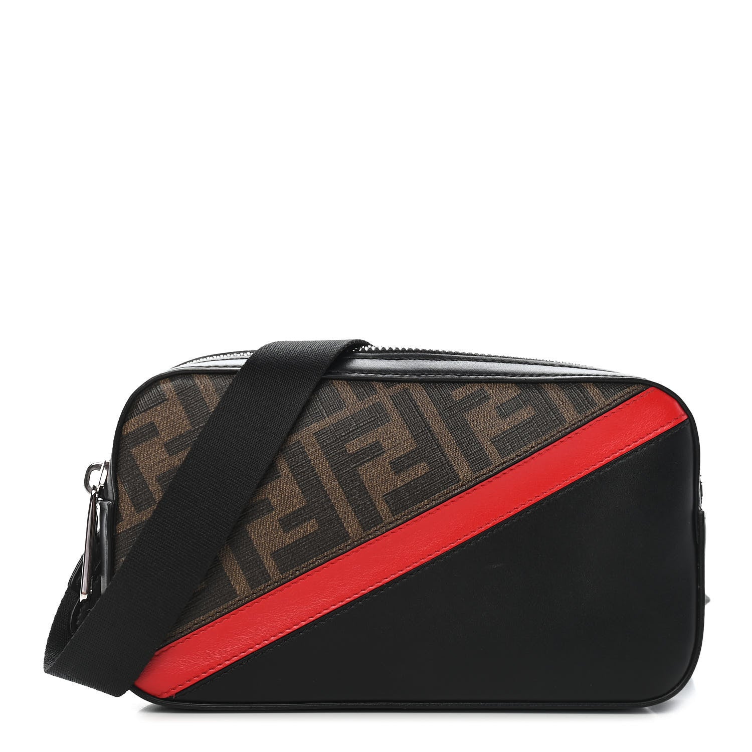Fendi Glazed Fabric Vitello Liberty FF 1974 Diagonal Small Camera Case Tobacco Rosso Black 1 of 9