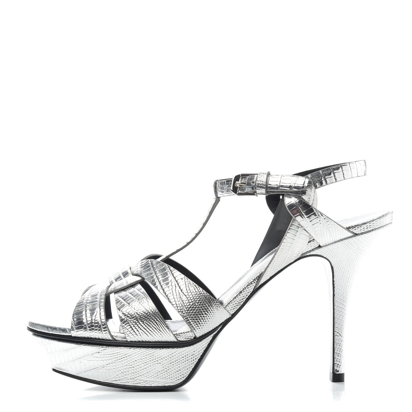 Metallic Calfskin Lizard Embossed Tribute 75 Platform Sandals 40 Silver
