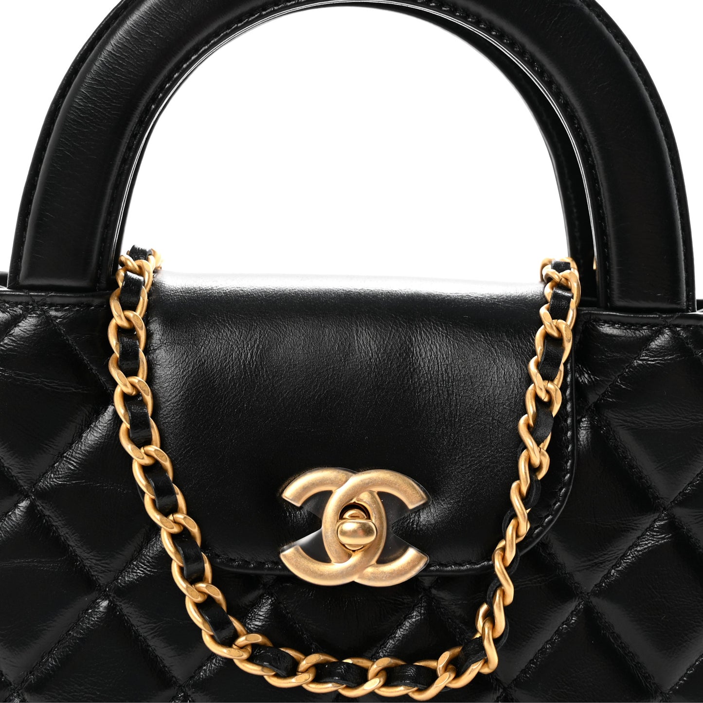 Shiny Aged Calfskin Quilted Nano Kelly Shopper Black