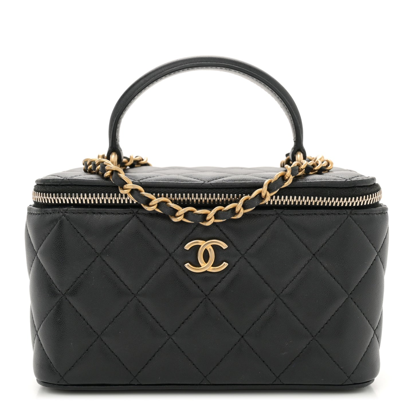 Lambskin Quilted Small Top Handle Vanity Case With Chain Black